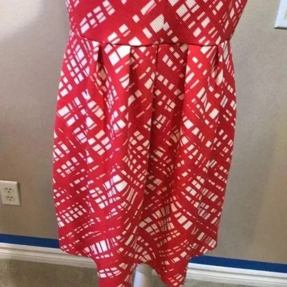 Enfocus Fit & Flare Orange & White Geometric Diamond Cutout Neckline Dress 12 - Picture 6 of 10